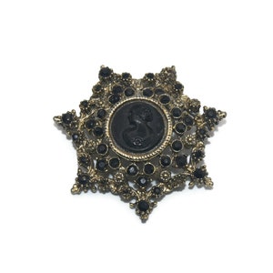 Vintage Gold Tone, Black Rhinestones and Black Resin Cameo Star Brooch. Victorian Style Mourning Brooch.