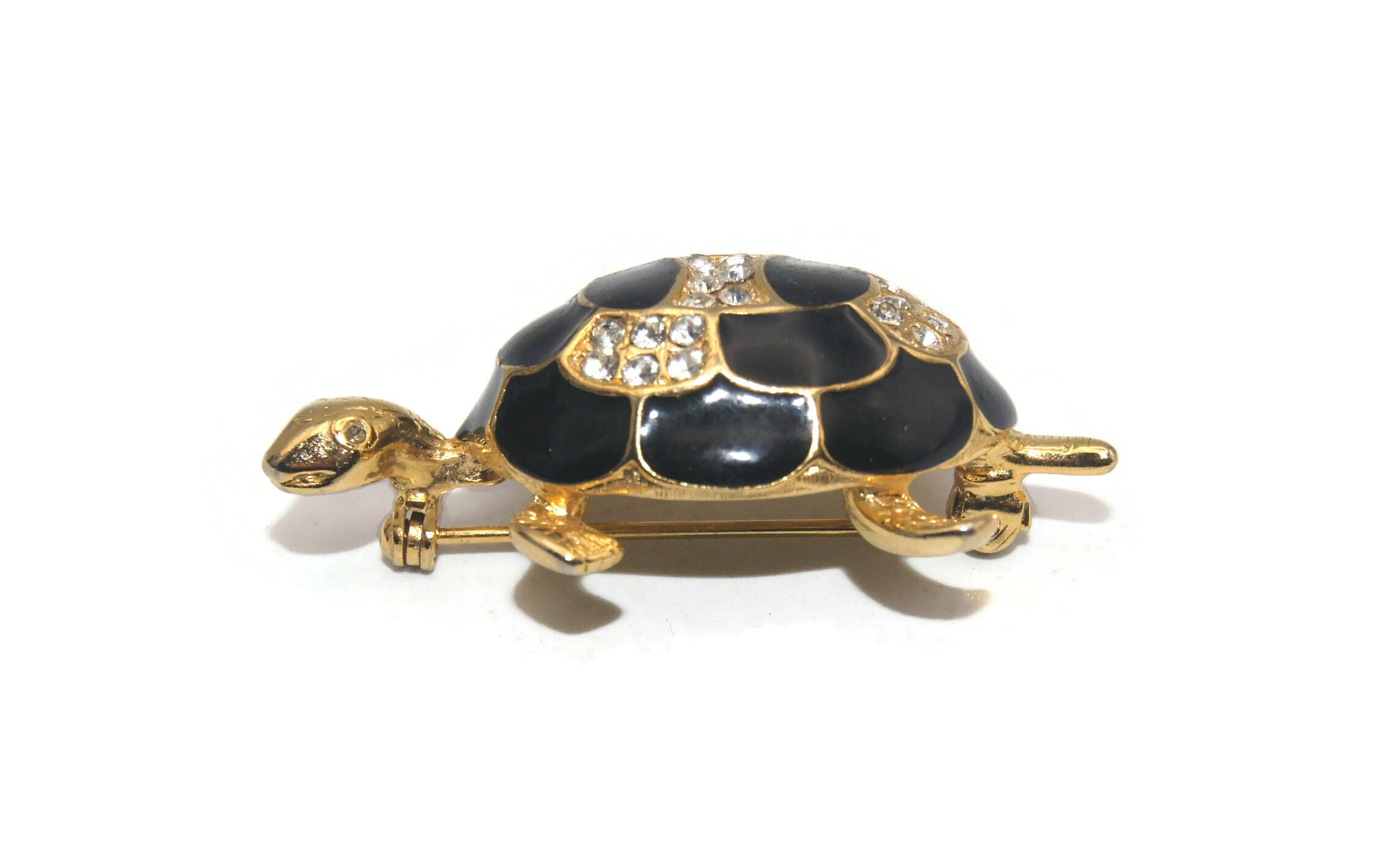 Broche Vintage Tortue Dorée Émail Noir - Grande Taille 5,9 Cm - Bijou Ancien France