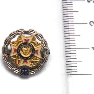 K&ouml;nnte beinhalten: Eine silberfarbene Anstecknadel mit einem gold-wei&szlig;em Emblem mit dem Text "Ladies Auxiliary VFW" und einem zentralen Adlerdesign. Die Anstecknadel ist von einem Lorbeerkranz umgeben und enth&auml;lt die Zahl "25".
