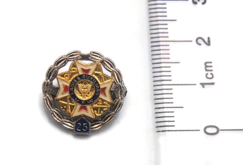 K&ouml;nnte beinhalten: Eine silberfarbene Anstecknadel mit einem gold-wei&szlig;em Emblem mit dem Text "Ladies Auxiliary VFW" und einem zentralen Adlerdesign. Die Anstecknadel ist von einem Lorbeerkranz umgeben und enth&auml;lt die Zahl "25".
