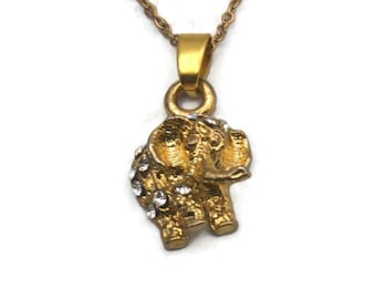 Dainty Elephant Pendant Necklace, Vintage Gold Tone and Clear Rhinestones Elephant Pendant on 16 Inch Gold Tone Chain, Gift for Her.