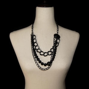 Vintage Talbots Gunmetal with Black Beads 3 Strand 24 to 26 Inch Adjustable Bib Necklace with Lobster Claw Clasp. T Hallmark Tag.