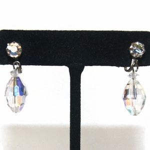 Formal Vintage Silver Tone and AB Crystals Dangle Screw Back Earrings.