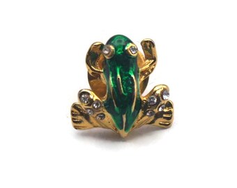 小さな緑のカエルのブローチ、ヴィンテージの金のカエルのピン、小さな