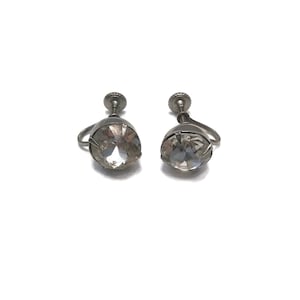 Vintage Mid-Century Style Prong Set Faux Diamond Solitaire Screw Back Earrings. Prong Set Clear Glass Crystal Earrings.