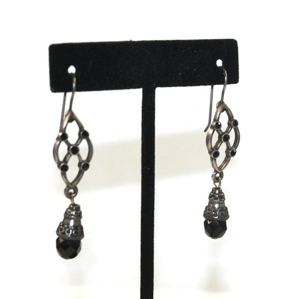 Vintage Sterling Silver and Onyx Dangle Earrings … - image 3
