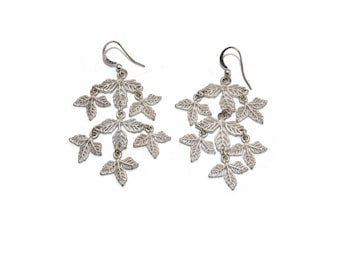 Vintage Silver Tone Falling Leaf Chandelier Style Dangle Earrings with Ear Wire Backs for Pierced Ears.