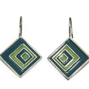 Vintage Silver Tone with Dark and Light Green Enamel Diamond Shape Dangle Earrings with Ear Wire Backs for Pierced Ears.