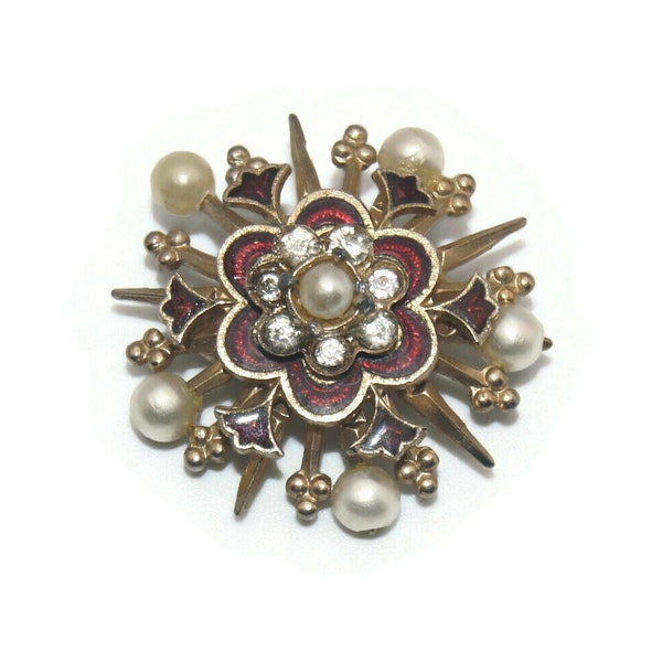 Vintage Karu Arke Gold Tone Enameled 3D Brooch with Faux Pearls and Rhinestones. Signed KARU.