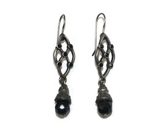 Vintage Sterling Silver and Onyx Dangle Earrings with Hook Backs for Pierced Ears.