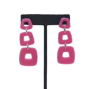 Vintage Pink Plastic Square Dangle Earrings with Silver Tone Post Backs for Pierced Ears, Lightweight Stud Earrings, Long Earrings.