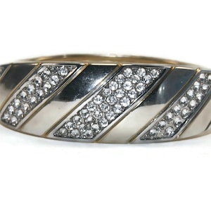 Vintage Silver Tone, Gold Tone and Clear Rhinestones Hinged Spring Cuff Bracelet.