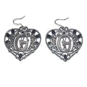 Vintage Gunmetal and Black Rhinestones Heart Dangle Earrings with Initial "G" and Hook Backs for Pierced Ears.