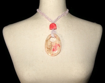 Vintage Dyed Pink Howlite and Pink Glass Beaded Pendant 15 Inch Necklace with a Beaded Button Clasp.