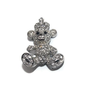 Vintage Silver Tone and Clear Rhinestones Bear with Crown and Black Rhinestone Eyes Brooch.