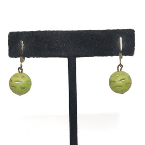 Vintage Gold Tone and Green Plastic Ball Screw Back Dangle Earrings.