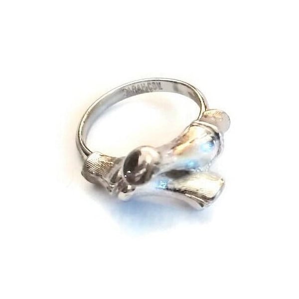 Vintage Silver Tone Bamboo Ring by Sarah Coventry. 1970s, Silver Tone, Size 7 with Adjustable Sizing, Signed Sarah Cov.