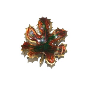 Vintage Brown and Green Enameled Copper Leaf Brooch.