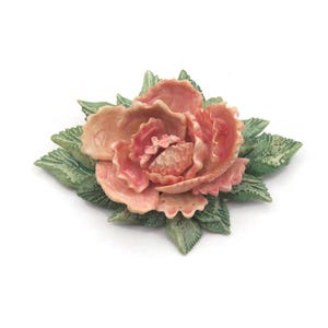 Huge Flower Brooch, Vintage Pink & Green Enamel Seashell Flower Brooch, Seashell Petal Flower, Painted Shells, Victorian Rose, Gift for Her
