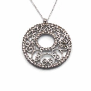 Round Silver Pendant Necklace, Vintage Silver Tone and Clear Rhinestones Round, Openwork Pendant on 18&quot; Silver Tone Chain.