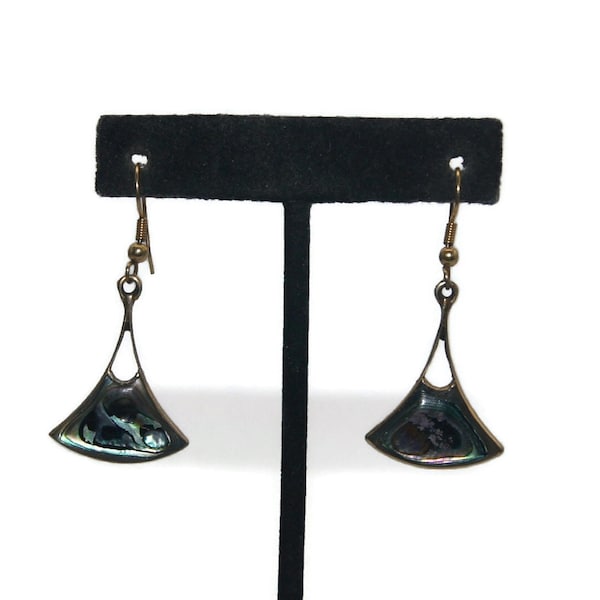 Artisanal Vintage Silver and Gold Tone and Abalone Dangle Hook Back Earrings. Marked Alpaca Mexico.