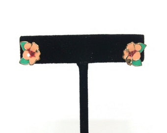 Vintage Gold Tone with Pink, Red and Green Enamel Flower Stud Earrings with Post Backs for Pierced Ears.