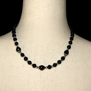 Vintage Silver Tone and Black Plastic Beads 19 Inch Necklace with Lobster Claw Clasp.