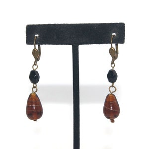 Vintage Gold and Brown Glass Lampwork Beaded Dangle Earrings.
