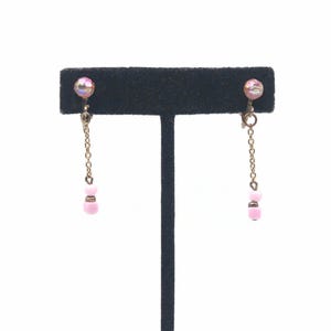 Long Vintage Gold Tone, Pink AB and Pink Plastic Beaded Dangle Clip on Earrings, Lightweight Earrings, Daily Wear, Business Wear Earrings.