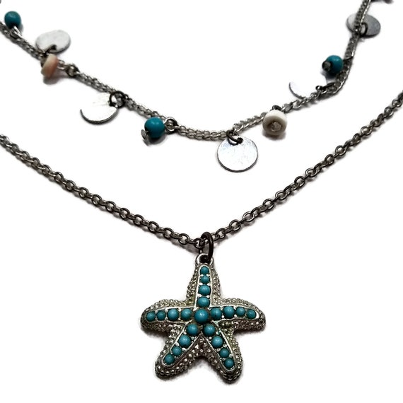 Vintage Silver Tone Layered Starfish Necklace wit… - image 4