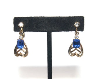 Vintage Gold Tone with Blue and Clear Rhinestones Screw Back Earrings.
