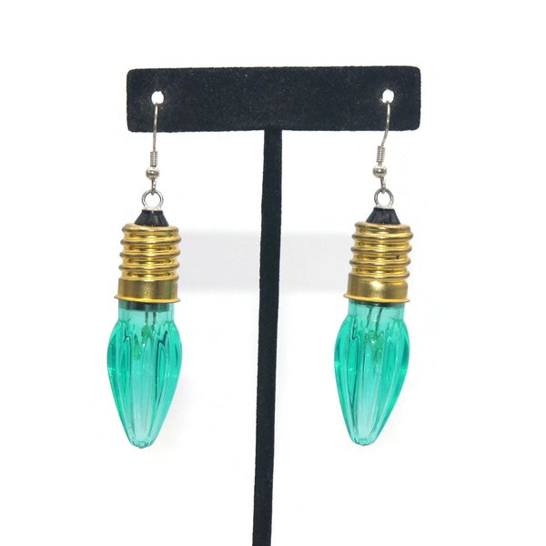 Vintage Gold Tone and Green Plastic Faux Christmas Lights Dangle Earrings with Hook Backs for Pierced Ears.