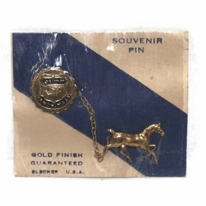 Vintage Gold Tone et Black Enamel Eastover Lenox Mass Souvenir Pin with Horse on Chain on Original Card.