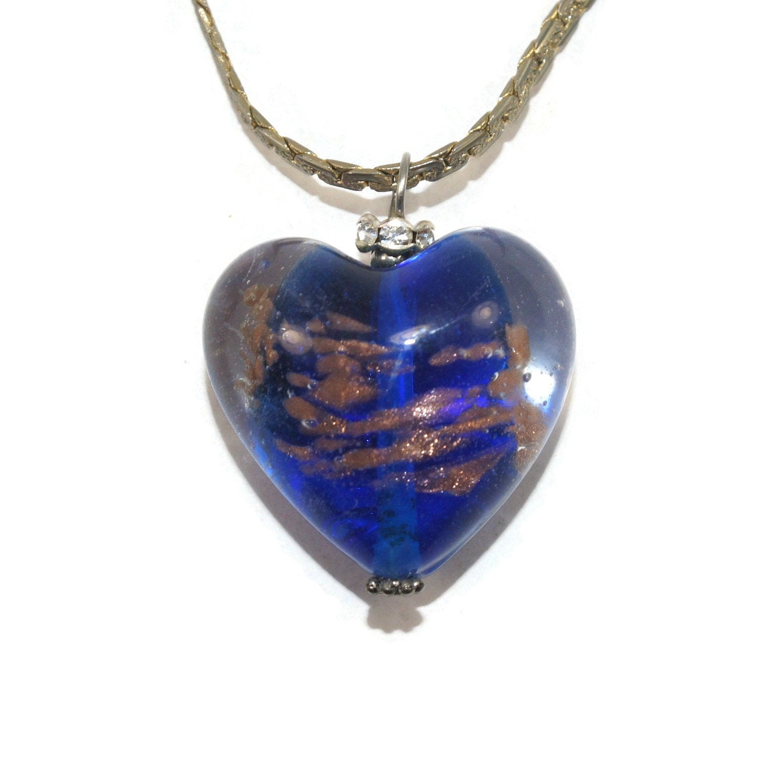 Vintage Murano Glass Blue and Silver Heart and Rhinestones Pendant on 18  Inch Gold Tone Chain With Spring Ring Clasp. - Etsy