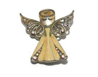 Vintage Gold Tone, Yellow Glitter Enamel and AB Rhinestones Angel Brooch.