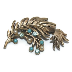 Vintage Gold Tone Leaf Branch Brooch with Blue Rhinestones, Blue Pearls, White Pearls.