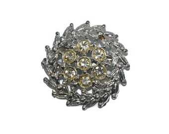 Vintage Silver Tone and Rhinestones Round Radial Pin Brooch. Scarf Shawl Pin.