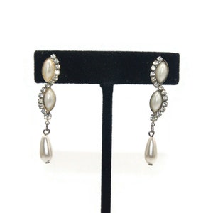Vintage Silver Tone, Faux Pearls and Clear Rhinestones Dangle Earrings with Post Backs for Pierced Ears.
