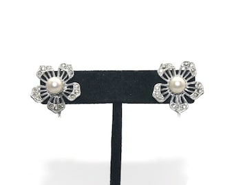 Vintage Silver Tone, Clear Rhinestones and Faux Pearls Flower Clip on Earrings.