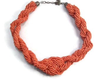 Vintage Orange Coral Glass Beaded Torsade Style Necklace.