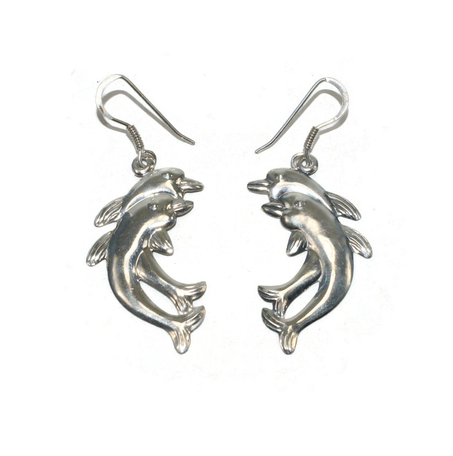 Vintage Sterling Silver Jumping Dolphins Dangle Earrings with Hook Backs for Pierced Ears. Marked 925.