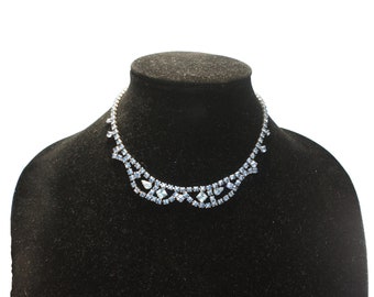 Vintage Silver Tone and Light Blue Rhinestones 15 Inch Choker necklace with Hook Clasp.