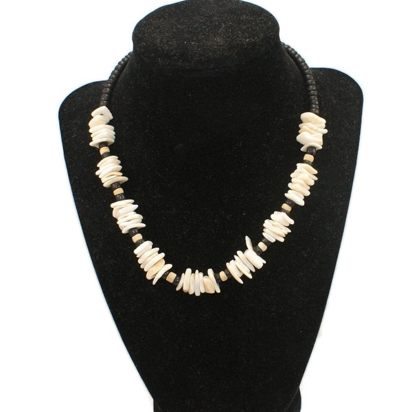 Handmade Vintage White Shell Chips and Black Coconut Beads 16 Inch Choker Necklace with Screw Clasp.