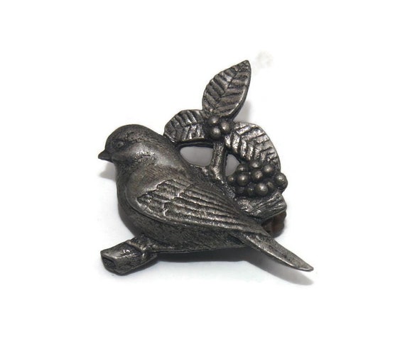 Vintage Bird and Blooms Pewter Bird on a Branch Brooch. Bird & Blooms 2002 Hallmark.