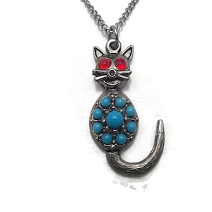 Silver Tone Faux Turquoise and Red Rhinestones Cat Pendant Necklace.