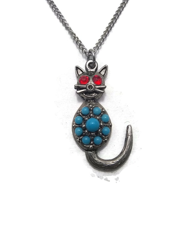 Silver Tone Faux Turquoise and Red Rhinestones Cat
