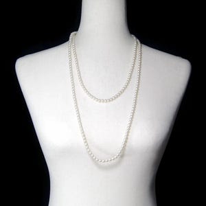 White Faux Pearl Necklace, Vintage Silver Tone and Faux Pearl 54 Inch Beaded Necklace with Fancy Box Clasp. Gift for Her. Long Necklace.
