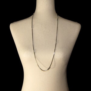 Vintage Ann Taylor Silver Tone and Clear Rhinestones 33 Inch Box Link Chain Necklace with Hinged Clip Clasp. Ann Taylor Hallmark Tag.