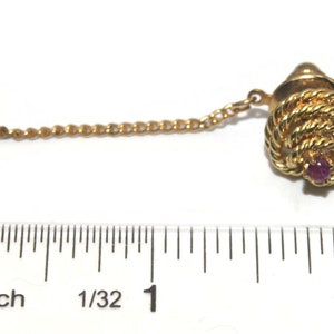 Vintage Gold Tone Coiled Knot and Round Garnet Tie Tack with Chain. image 5