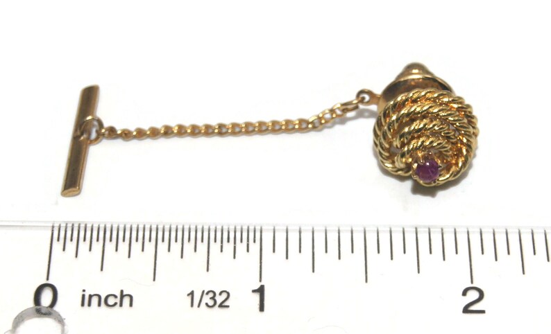 Vintage Gold Tone Coiled Knot and Round Garnet Tie Tack with Chain. image 5